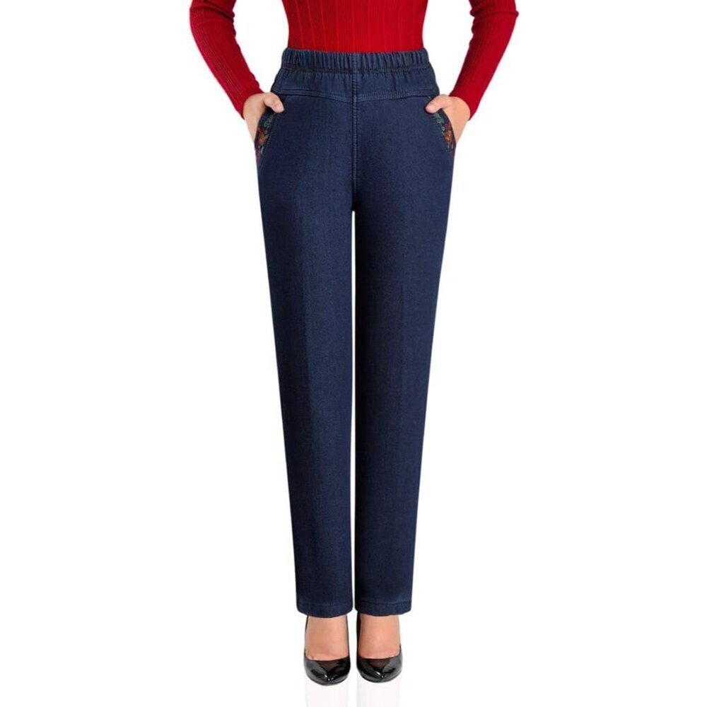 Womenโs Fleece Lined Elastic Waist Straight Leg Jeans Dark Blue Large